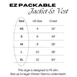 TKEQ “EZ” Packable Down Vest -Equestrian Supply Store TKEQ EZ Packable Size Chart 1